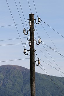 Head of a 400 V pole in Switzerland. In Europe, insulators usually were attached directly at the pole. Palo SES Tegna 260513.jpg