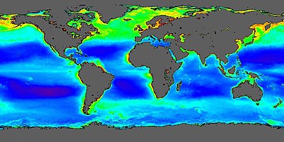 World concentrations of surface ocean chlorophyll as viewed by satellite during the northern spring, averaged from 1998 to 2004. Chlorophyll is a marker for the distribution and abundance of phytoplankton. Plankton satellite image.jpg