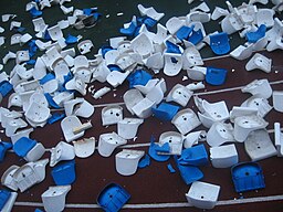 Plastic chairs on the stadion broken by soccer hooligans. Bryansk, Russia, 2008