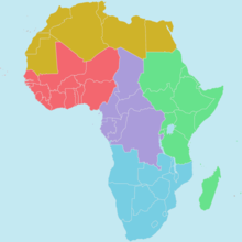 Regions of the African Union:

Northern Region (Sahara)

Southern Region (Kalahari)

Eastern Region (Nile)

Western Regions A and B (Niger and Volta Niger)

Central Region (Congo) Regions of the African Union.png