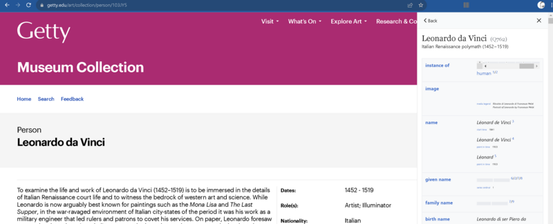 The Getty Museum's page on Leonardo da Vinci being enhanced by information from Wikidata