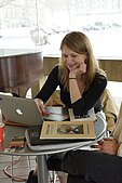 An editor updates an article during the Cornell University 2017 Art + Feminism Wikipedia edit-a-thon. Herbert F. Johnson Museum of Art, March 11, 2017.