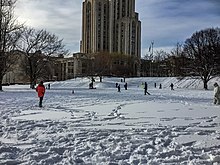 Large, organized snowball fight on the lawn of the Cathedral of Learning at the University of Pittsburgh, 2016 Snowball Fight at the University of Pittsburgh.jpg