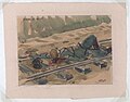 Soldat allemand mort, étendu sur une voie ferrée, Gilbert de Guingand, watercolour, La Contemporaine