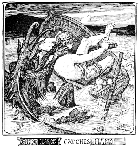 black and white illustration of a creature that looks somewhere between a gargoyle and a sea monster pulling a young man out of his boat which is tipping over. The creature has long horns which curl at the tips like antennae, somewhat bat-like ears and wings, a pointed beak, thorny spines down it's back and long wet hair coming off it's arms, it's hands are around the man's neck. The creature seems to be having fun with a gleeful expression on. The young man is broad muscular and shirtless with shaggy hair and is gripping a thick staff with one hand as he uses the other to try to brace himself. There is a bundle of food in a corner of the boat with an apple visible.