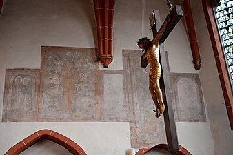 Omlijste fresco's 1380-1390 aan de noordelijke koormuur (Maria Visitatie, Maria Magdalena en Sint-Jan de Doper)