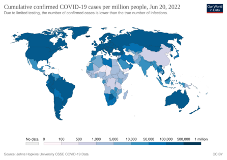 Total de casos confirmats de COVID-19 per milió de persones.[157]