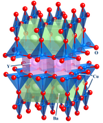 YBa2Cu3O7, or YBCO, is a high temperature superconductor able to levitate above a magnet when colder than its critical temperature of about 90 K (-183 degC) YBa2Cu3O7.png