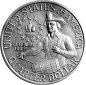 Pièce de monnaie comportant un homme avec un chapeau, jouant du tambour, un flanbeau et treize étoiles. Il y a en plus les inscriptions United States of America, Quarter Dollar et E Pluribus Unum.