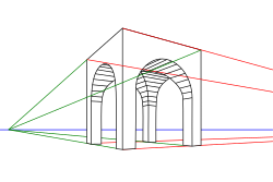 二点透視図法の例。二点透視は、見えている光景の真ん中を描く以上は、二点の消失点を結ぶ直線（アイレベル）は画面の中央点を通ります。（この場合は少し下ですね）