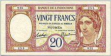 New Caledonian 20 franc note (1929), obverse