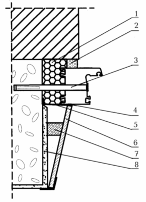 1 — пенный утеплитель; 2 — изоляционная саморасширяющаяся паропроницаемая лента; 3 — рамный дюбель; 4 — герметик; 5 — пароизоляционная лента; 6 — панель отделки внутреннего откоса; 7 — рейка; 8 — штукатурный выравнивающий слой внутреннего откоса Рисунок А.6 — Узел бокового примыкания оконного блока к проему с четвертью в стене из ячеистобетонных блоков (плотностью 400–450 кг/м³) с облицовкой кирпичом и отделкой внутреннего откоса панелью