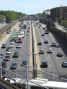 The Cross-Bronx Expressway (I-95) is an urban freeway which was built using slum clearance policies in the 1950s and 1960s. Today it is one of the most congested highways in the nation. It is regarded as a major cause for urban decay in the Bronx. CBX Parkchester 6 jeh.JPG