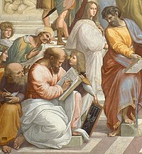 Gambar dari lukisan Sekolah Athena karya Raffaello Sanzio, dengan gambar Pythagoras sebagai lelaki berjanggut dan agak botak yang sedang menulis dalam sebuah buku.