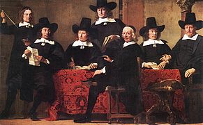 À gauche, le gouverneur de la Guilde des négociants en vin d'Amsterdam, tient une pipette à vin, 1663