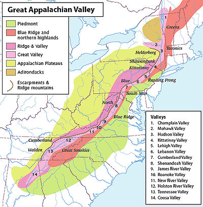 A map of the Appalachian Mountains, highlighting the Great Appalachian 