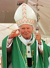 Pope John Paul II vested in the pallium. John Paul II Brazil 1997 3.jpg