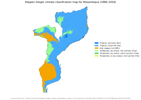 Mozambique map of Koppen climate classification zones Koppen-Geiger Map MOZ present.svg