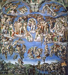The Last Judgment fresco in the Sistine Chapel by Michelangelo (1534-1541) came under persistent attack in the Counter-Reformation for, among other things, nudity (later painted over for several centuries), not showing Christ seated or bearded, and including the pagan figure of Charon. Last Judgement (Michelangelo).jpg