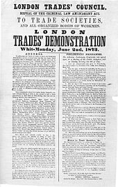 Poster issued by the London Trades Council, advertising a demonstration held on 2 June 1873 London Trades Demonstration.jpg