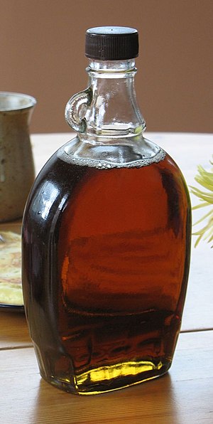 Bottled maple syrup produced in Quebec.