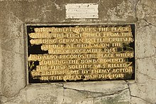 In Hartlepool near Heugh Battery, a plaque in Redheugh Gardens War Memorial "marks the place where the first ...(German shell) struck... (and) the first soldier was killed on British soil by enemy action in the Great War 1914-1918". Memorial to the first British soldier killed on British soil during the Great War - geograph.org.uk - 429905.jpg