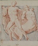 Drawing of a fight between a man and a centaures (both with a head).