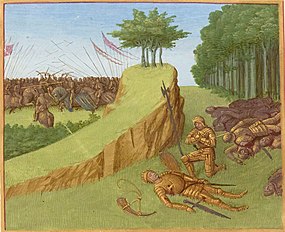 Smrt rytíře Rolanda v Bitvě v průsmyku Roncevaux (ilustrace manuskriptu cca 1455–1460)