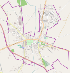 Mapa konturowa Nidzicy, blisko centrum na dole znajduje się punkt z opisem „Ratusz”