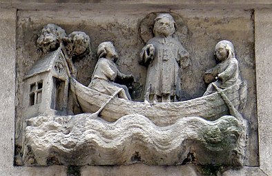 Bas-relief évoquant la légende de saint Julien au no  42 rue Galande, Paris 5e ; représentation déjà mentionnée en 1380.