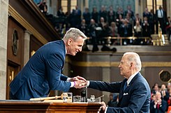 Speaker McCarthy greets U.S. President Joe Biden before the 2023 State of the Union Address. P20230207AS-1831 (52680872226).jpg