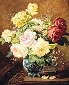 Roses in a vase with a silver casket on a ledge, huile sur toile, 53,3 × 46,3 cm