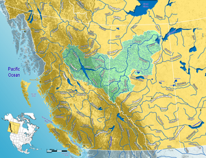 Kort over Peace Rivers afvandingsområde i det vestlige Canada