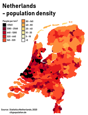 Population density in the Netherlands by municipality. The largest urban area, the Randstad is clearly visible along the west coast. Population density in the Netherlands.png