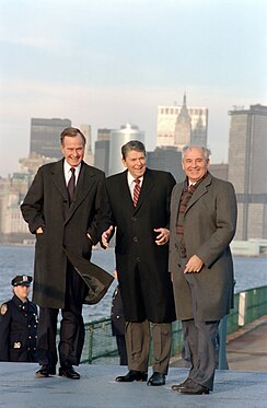 International policy with the buckling Soviet Union was a critical component of the political landscape in the late 1980s. Vice President Bush can be seen here standing with United States President Ronald Reagan and Soviet General Secretary Mikhail Gorbachev, on the New York waterfront, 1988. President Ronald Reagan and Vice President George H. W. Bush meet with Soviet General Secretary Mikhail Gorbachev on Governor's Island New York.jpg