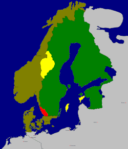 A brömsebro-i béke területi rendelkezései:   Dánia–Norvégia   Svédország   Svéd szerzemény: Jämtland, Härjedalen, Idre & Serna, Gotland és Øsel (Saaremaa) szigetek   Svéd szerzemény 30 évre: Halland tartomány