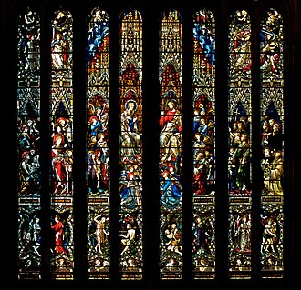 The chancel window depicts a vision of Christ and the Blessed Virgin Mary enthroned in Heaven. St. Mary's Cathedral - Sydney - Stained Glass - 018 - Detail.jpg