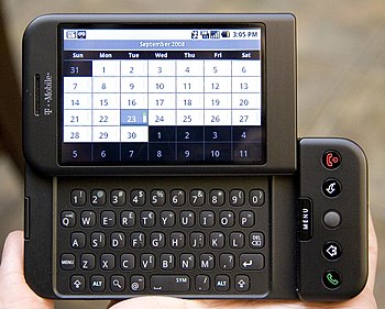 English: T-Mobile's G1 phone (HTC Dream), usin...