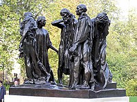 Auguste Rodin, Burghers of Calais, 1884-c. 1889, në Victoria Tower Gardens, Londër, Angli .