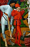 Two men arming a crossbow using a stirrup and shooting a crossbow, 1475