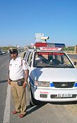 Traffic Sub-Inspector of Police with Interceptor on duty at Bangalore Airport Road.