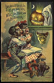 "You would laugh too, if you had seen, What the Moon saw on Halloween." Fold-out Halloween card, early 1900s, United States. (Black Americana at Howard Bernard Collectibles)