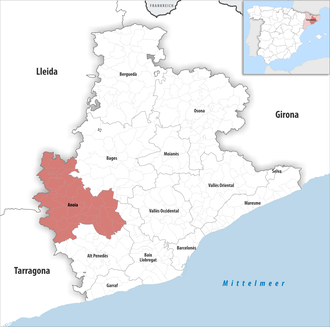 Die Lage der Comarca Anoia in der Provinz Barcelona