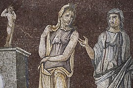 Hippolyte fils de Thésée avec Phèdre, mosaïque des Quatre Saisons, musée d'Antakya, IIe siècle.
