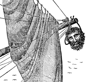 Blackbeard's head hanging from the bowsprit of...