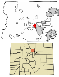 Location of the Pine Brook Hill CDP in Boulder County, Colorado.