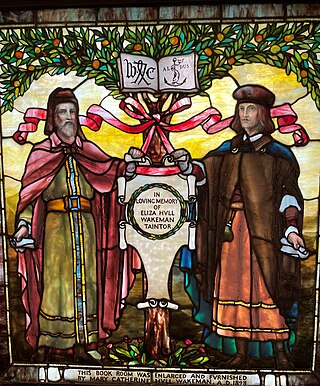 Central frame of Pequot Library triptych, completed in 1898 as a gift from Southport's Wakeman Family. Shows tree of Knowledge, as well as early printers William Caxton and Aldus Manutius Caxton 1.jpg