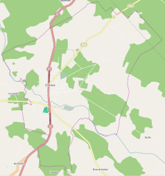 Mapa konturowa Chorzeli, po lewej znajduje się punkt z opisem „Parafia pw. św. Mikołaja w Chorzelach”