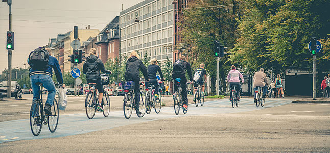 Бициклисти у Копенхагену. Једна од главних карактеристика саобраћаја престонице Данске су добро уређене бициклистичке стазе. Процењује се да у граду има више бициклова него становника, а дужина бициклистичких стаза износи око 400 километара. Због тога се Копенхаген назива и рајем за бициклисте.