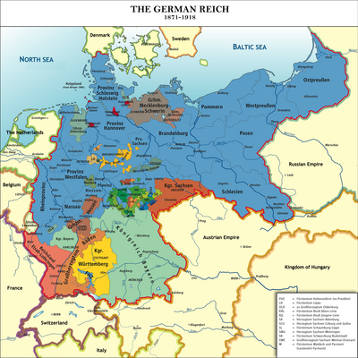 Political map of central Europe showing dozens of states that were unified into Germany. Prussia in the northeast is by far the largest, occupying about 40% of the unified area.